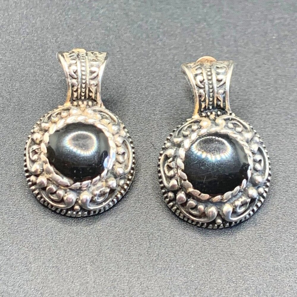 Black Onyx Earrings Bead Scroll Door Knockers VTG 925 Sterling Silver 1.25" Long